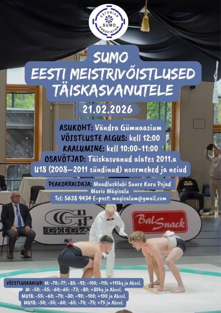 Sumo Eesti meistrivõistlused täiskasvanutele toimuvad sel aastal Vändras. Saalis