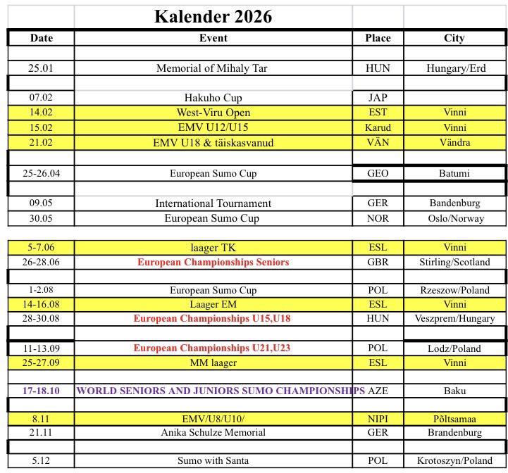 Tere kõigile sumo sõpradele. Natuke uuendatud võistluste ja laagrite 2026 aasta